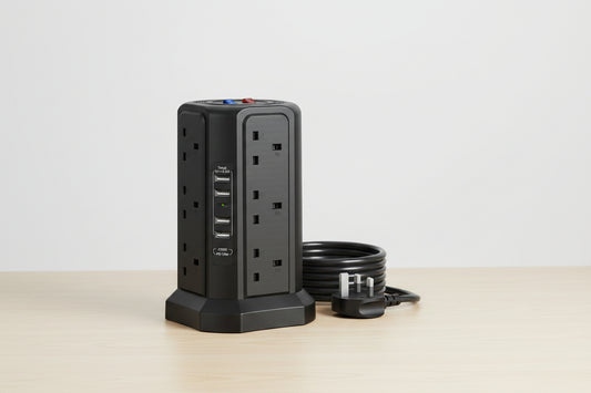 Tower Extension Lead with 18W USB C Slots, 12 Way Multi Plug Socket