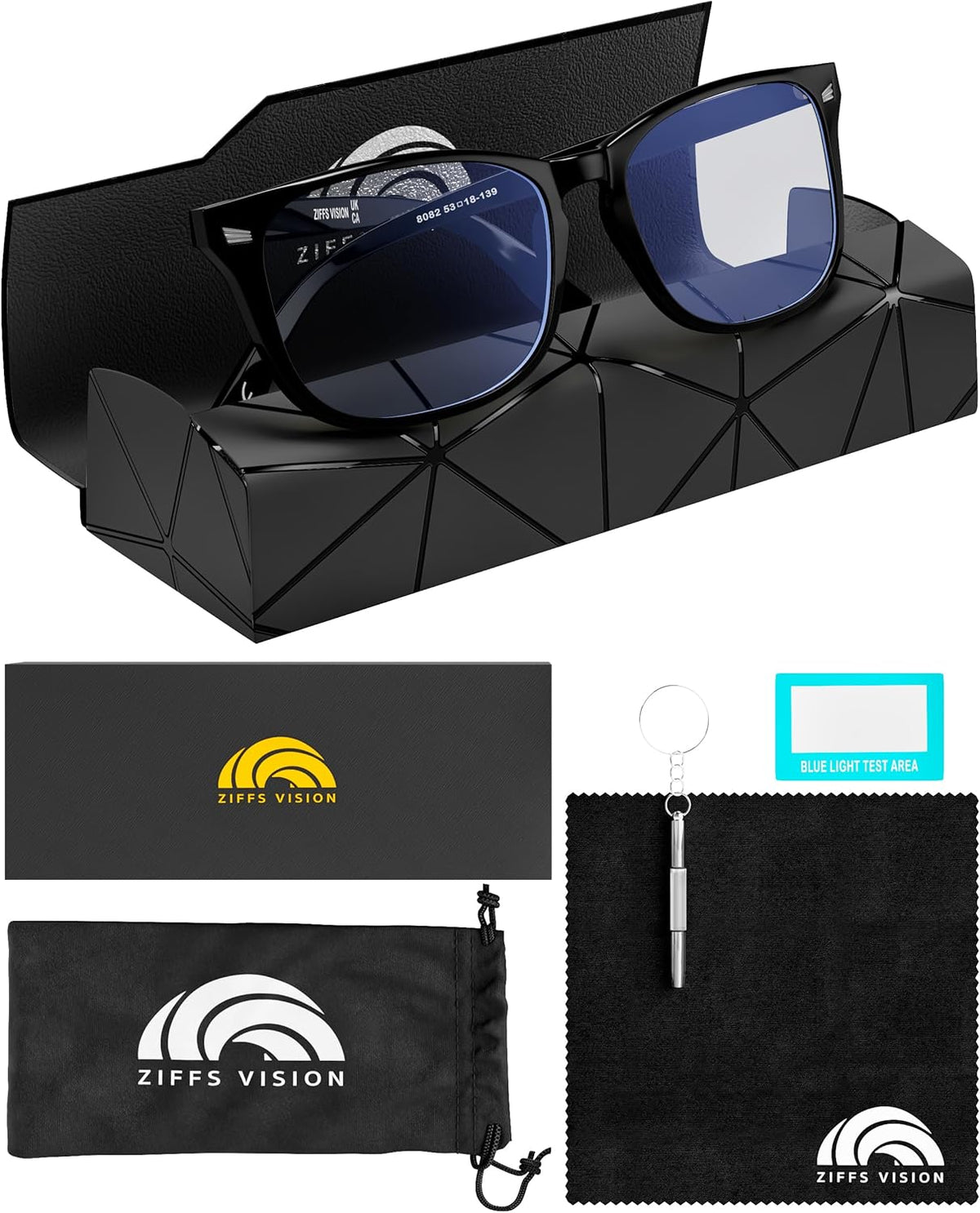 Ziffs Vision Blue Light Blocking Glasses with premium magnetic case and accessories