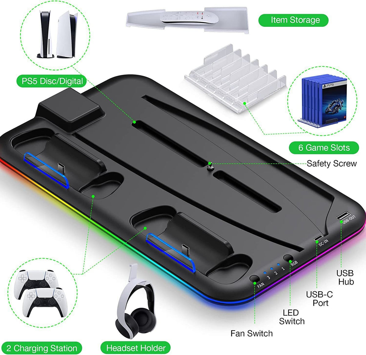 PS5 Charging Dock with RGB Light for Controllers and Headset